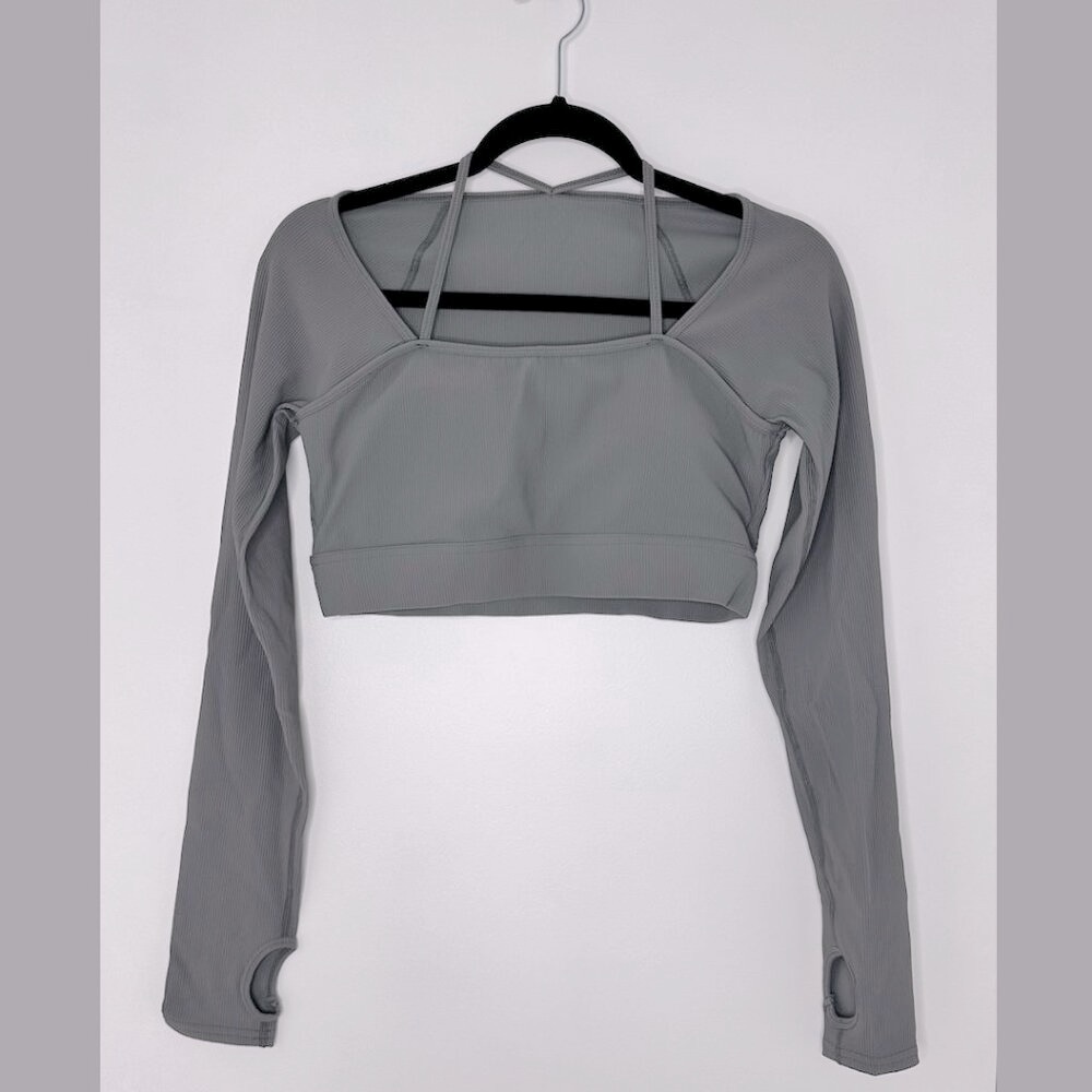 HALARA Ribbed Halter Strap Thumb Hole Cropped Yoga Sports Top - M - Gray - NWT